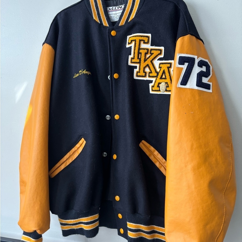Vintage Mens Leather Varsity Navy Yellow Football‎ Varsity Wool Jacket - Size XL